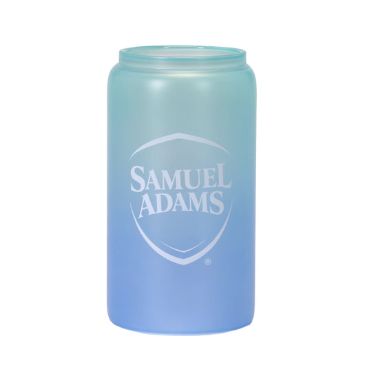 Blue ombre can-shaped glass with a frosted finish and Samuel Adams logo; changes color when cold liquid is added.