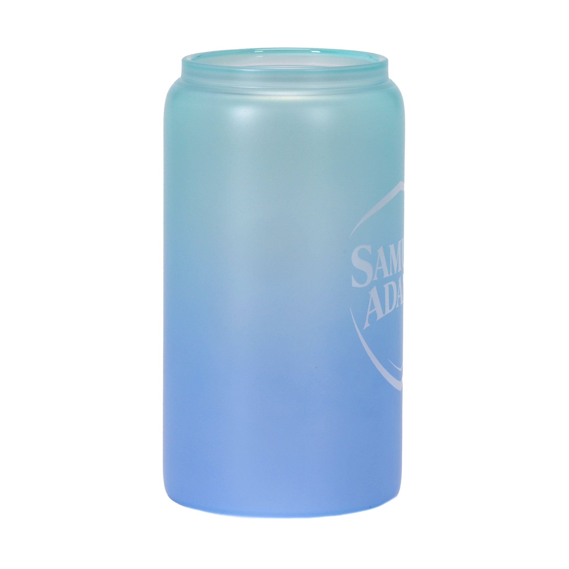 Blue ombre can-shaped glass with a frosted finish and Samuel Adams logo; changes color when cold liquid is added.