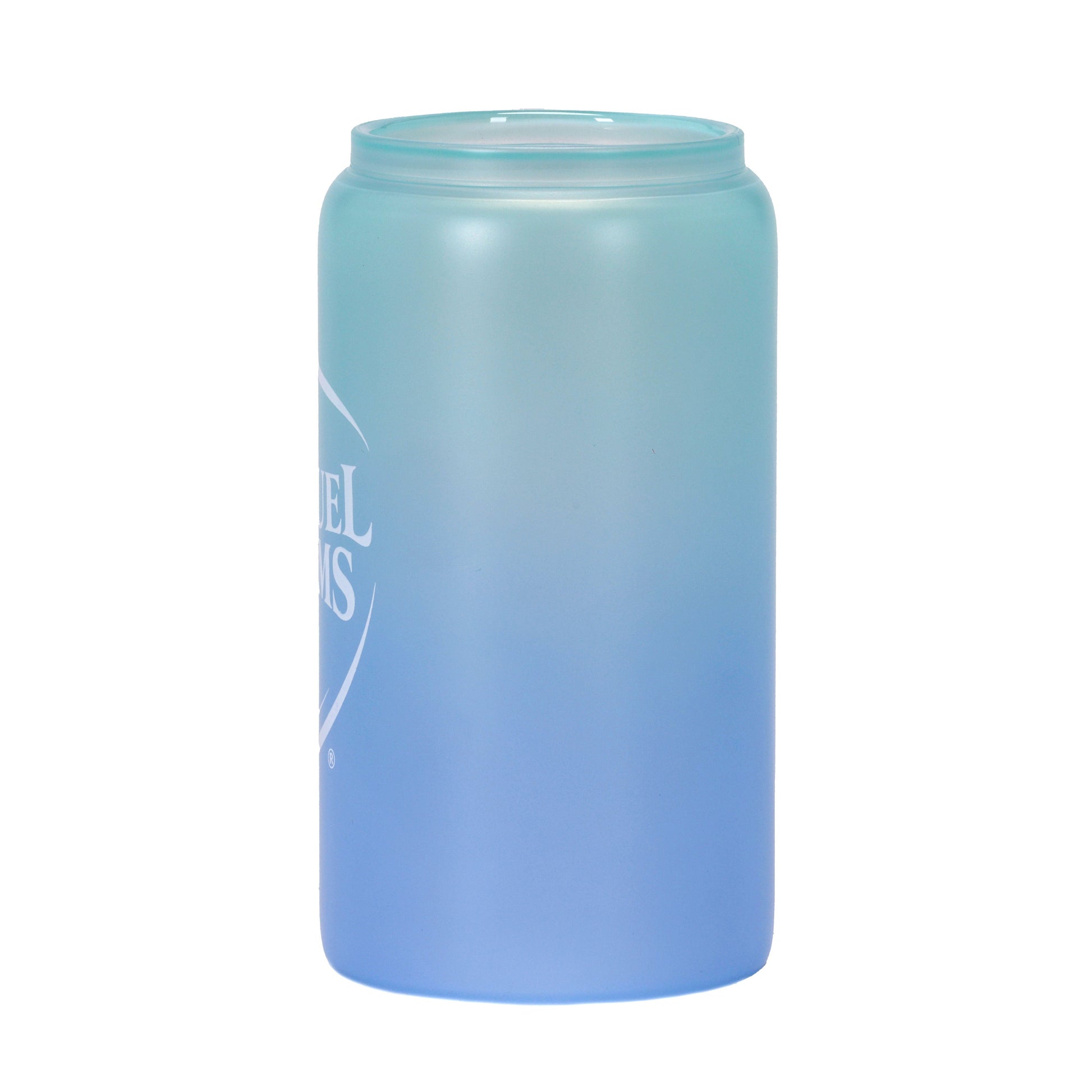 Blue ombre can-shaped glass with a frosted finish and Samuel Adams logo; changes color when cold liquid is added.