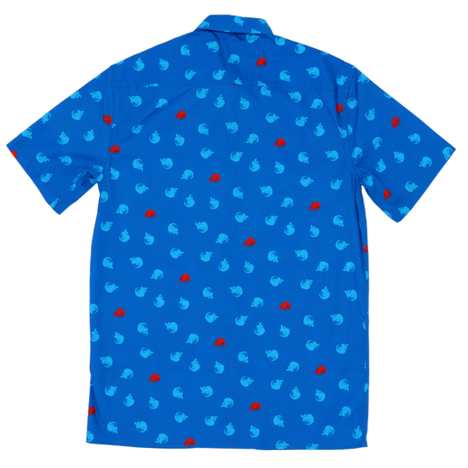 This blue button up is covered in small red and light blue apples.