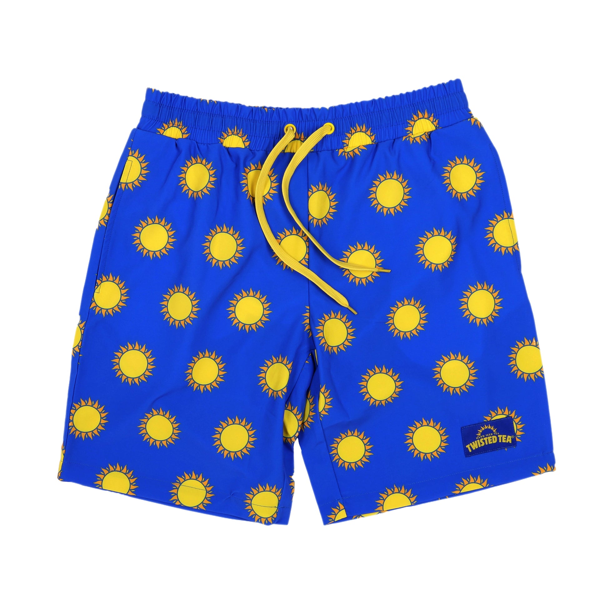 Blue swim shorts with yellow sun patterns on a white background