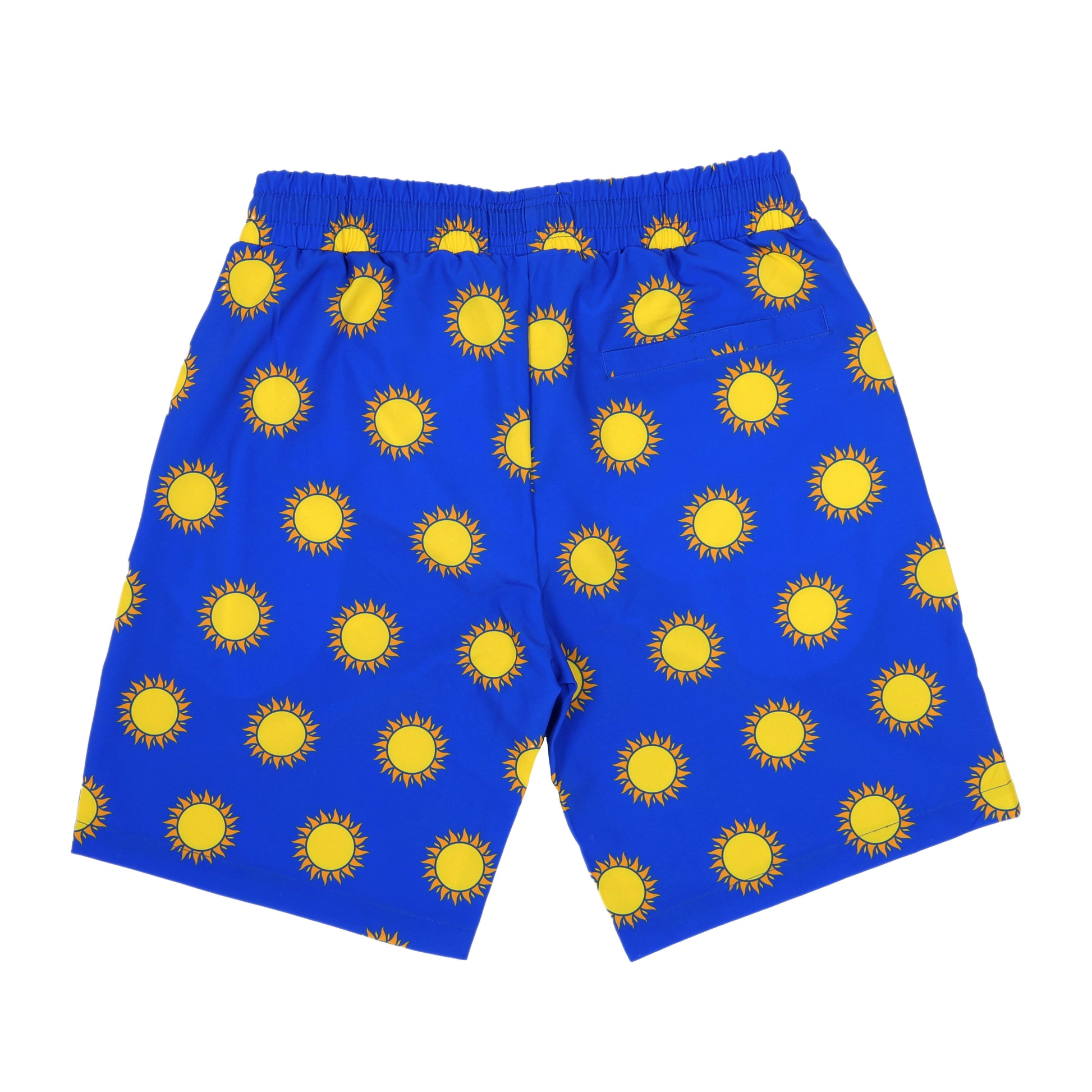 Blue shorts with yellow sun patterns on a white background