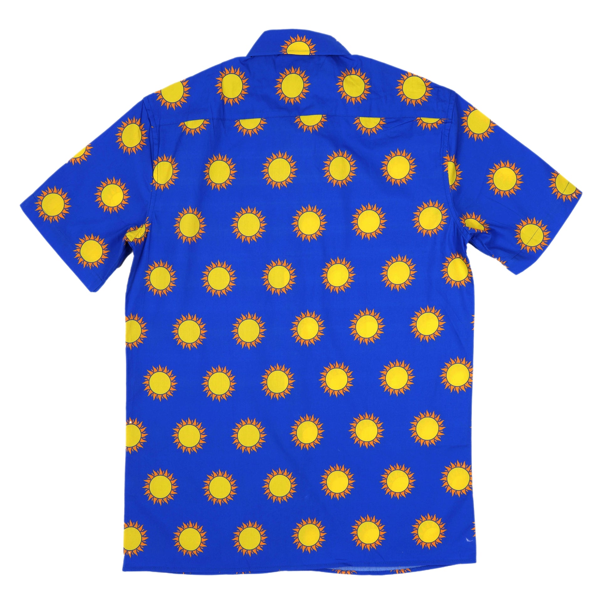 Blue shirt with yellow sun pattern on a white background