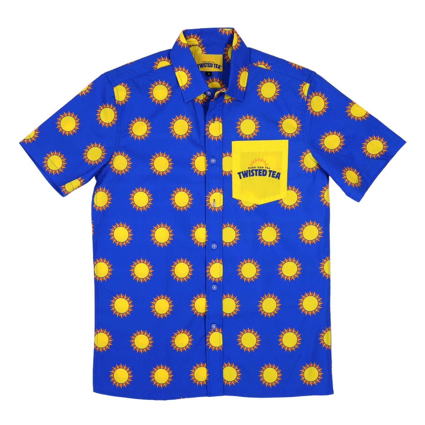 Blue shirt with yellow sun patterns and Twisted Tea logo on a white background