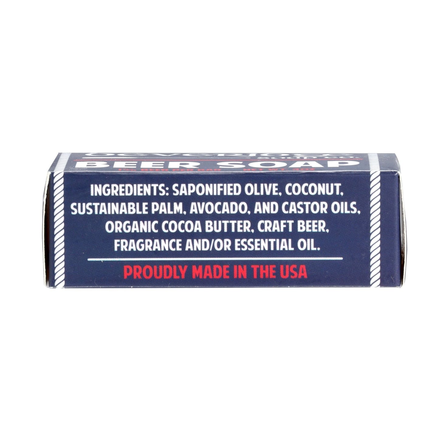 The bottom of the box lists the ingredients of the soap in white text: Saponified olive, coconut, sustainable palm, avocado, and castor oils, organic cocoa butter, craft beer, fragrance and/or essential oil. Proudly made in the USA.