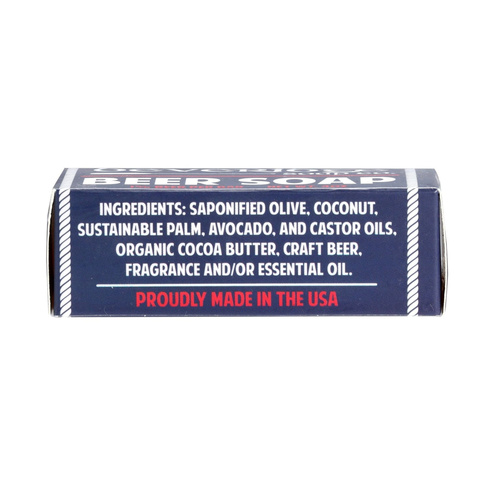 The bottom of the box lists the ingredients of the soap in white text: Saponified olive, coconut, sustainable palm, avocado, and castor oils, organic cocoa butter, craft beer, fragrance and/or essential oil. Proudly made in the USA.