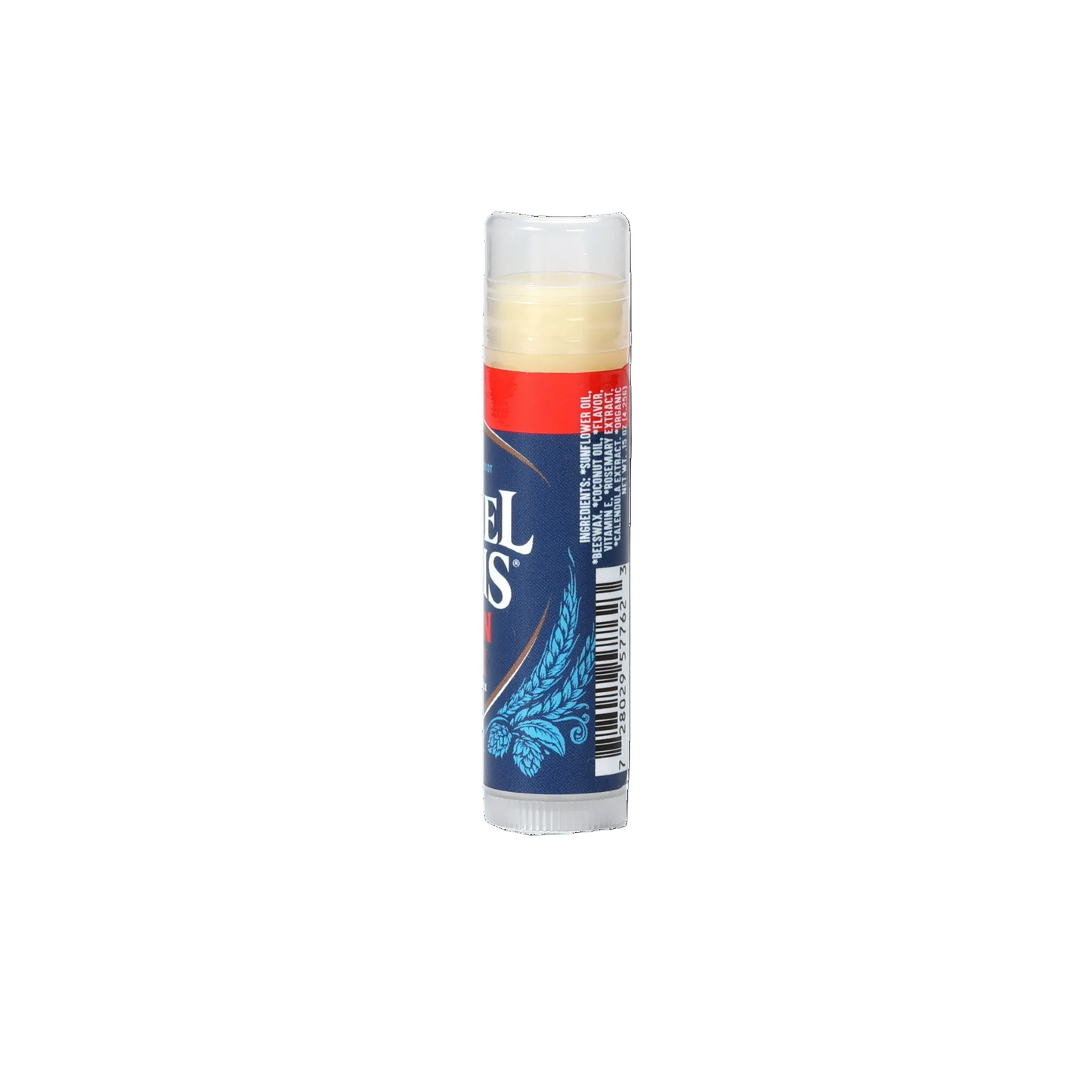 A lip balm that smells like Samuel Adams Boston Lager in packaging to mimic the appearance of a can of Boston Lager.
