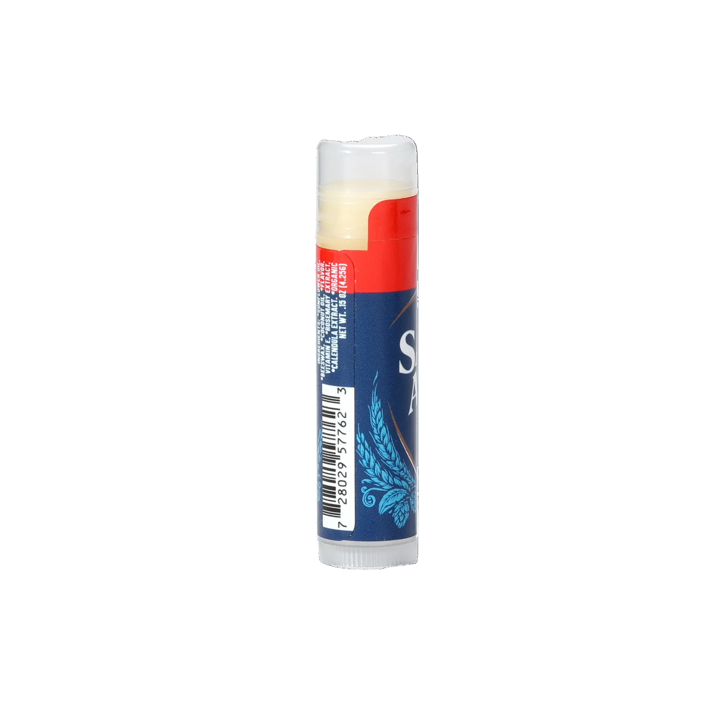 A lip balm that smells like Samuel Adams Boston Lager in packaging to mimic the appearance of a can of Boston Lager.