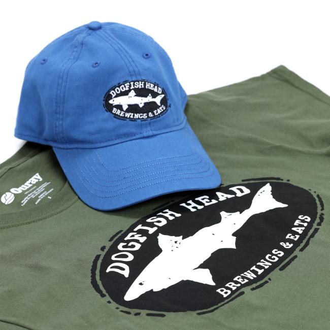 The Brewings and Eats Olive Hat and Tee Bundle by L2 Brands features both items with the Dogfish Head Brewing & Eats logo—a white shark silhouette inside a black oval. Perfect for any fan of Dogfish Head Brewing.