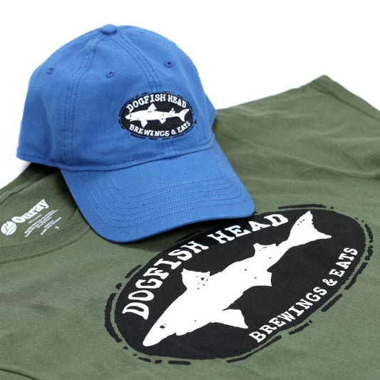 The Brewings and Eats Olive Hat and Tee Bundle by L2 Brands features both items with the Dogfish Head Brewing & Eats logo—a white shark silhouette inside a black oval. Perfect for any fan of Dogfish Head Brewing.