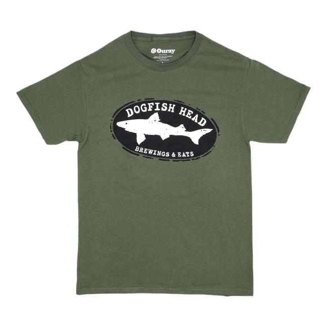 The Brewings and Eats Olive Hat and Tee Bundle by L2 Brands features a green tee with a black oval fish logo and white "DOGFISH HEAD BREWINGS & EATS" text—an ideal combo for Dogfish Head fans.