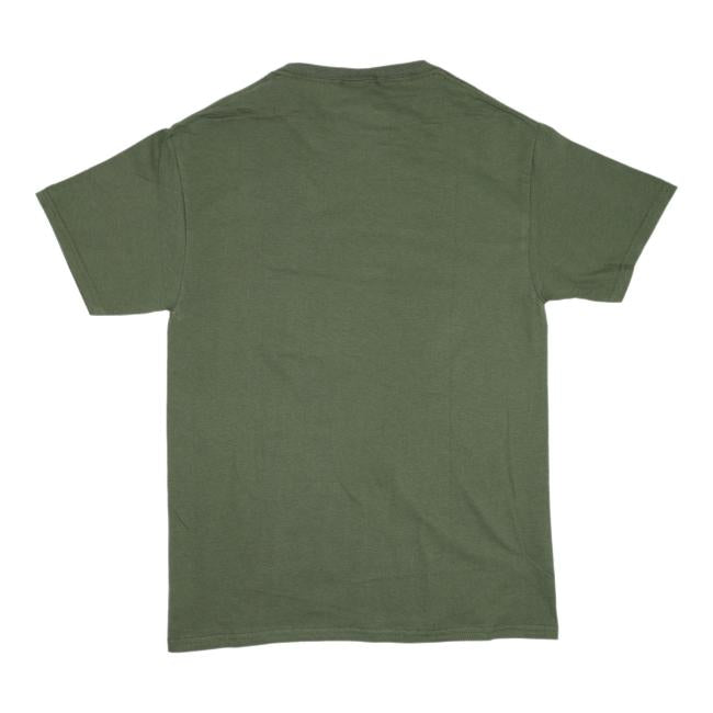 The Brewings and Eats Olive Hat and Tee Bundle by L2 Brands is displayed flat with the back of the olive T-shirt facing up on a white background.