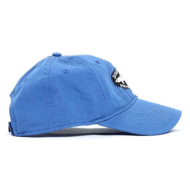 A side view of an olive Brewings and Eats Hat by L2 Brands, featuring visible stitching, a black-and-white Dogfish Head Brewing patch, curved brim, ventilation eyelets—pairs perfectly with the matching tee in the bundle.