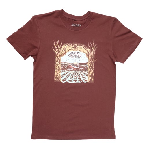 Front of tee displays a large artistic rendition of our Angry Orchard location.