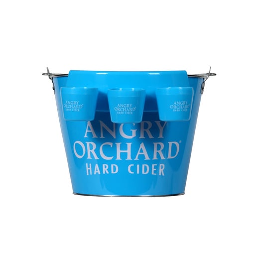 This blue bucket shot rimmer has three cups for shots attached to it. Each cup says "Angry Orchard Hard Cider" on it.