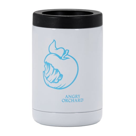 This is a white can insulator. A blue silhouette of the iconic bitten Angry Orchard apple with writing "Angry Orchard" is displayed on one side.