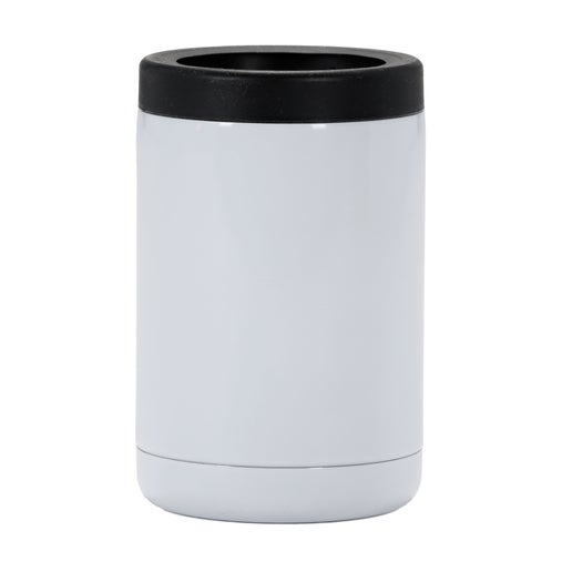 This is a white can insulator. A blue silhouette of the iconic bitten Angry Orchard apple with writing "Angry Orchard" is displayed on one side.