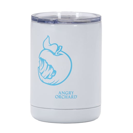 This is a white can insulator. A blue silhouette of the iconic bitten Angry Orchard apple with writing "Angry Orchard" is displayed on one side.