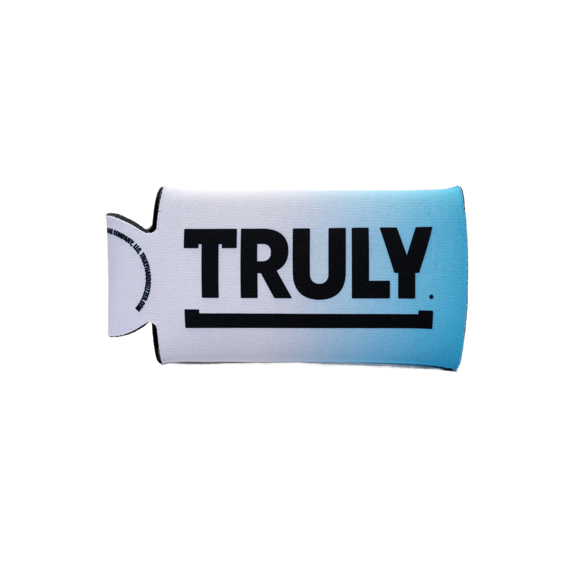 A horizontal, flat can cooler with a blue to white gradient, featuring "TRULY" in bold black letters with an underline, and a cut-out on the left for a can.