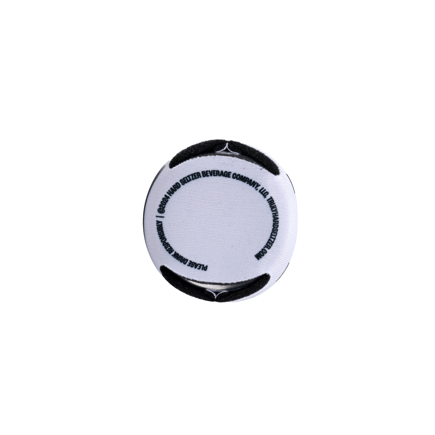 A close-up, bottom view of a can cooler, showing a white circular base with black text spiraling around the edge, and black cutouts for can stability.