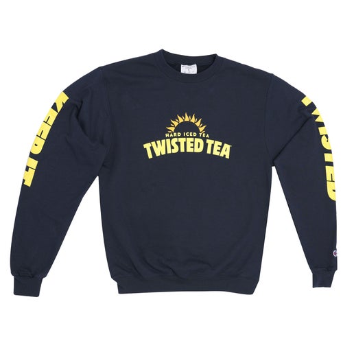 A dark blue crewneck sweatshirt with yellow "TWISTED TEA" branding and a sunburst logo across the chest. Yellow text is visible along both sleeves.