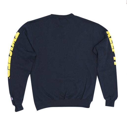 Rear view of a dark blue crewneck sweatshirt. Yellow text is visible vertically along both sleeves.