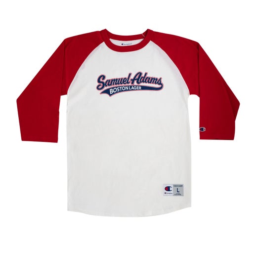 Red and White Baseball tee with a Samuel Adams Boston Lager logo designed in Retro baseball uniform font