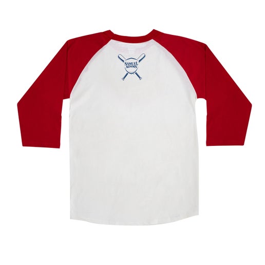 Champion red and white baseball tee with a small navy Samuel Adams logo on the back of the neck. The Samuel Adams logo has two navy baseball designs intersecting the logo to form an X shape
