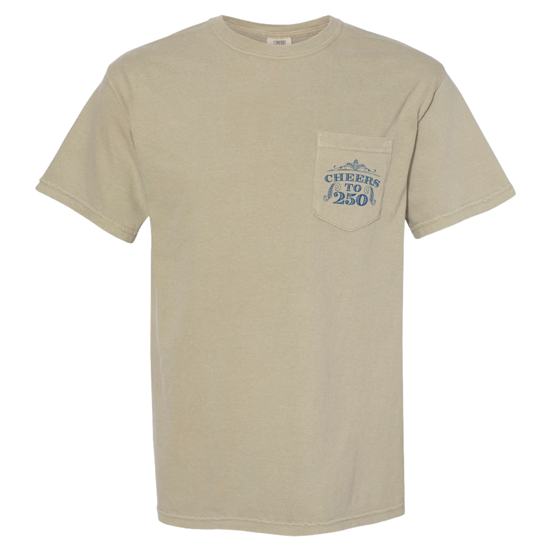 Beige t-shirt with a pocket and text on a white background
