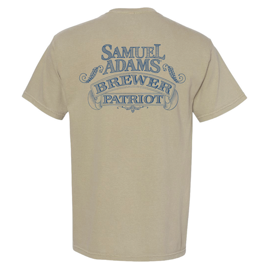 Beige t-shirt with blue text on the back on a white background