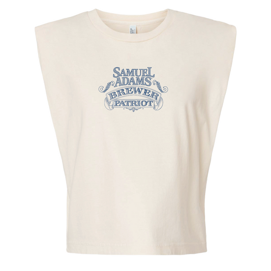 Beige sleeveless shirt with Samuel Adams Brewer Patriot logo on a white background