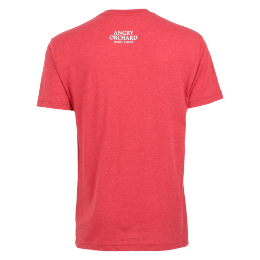 Back of tee is solid red with small, centered writing "Angry Orchard Hard Cider" on top, near neck.