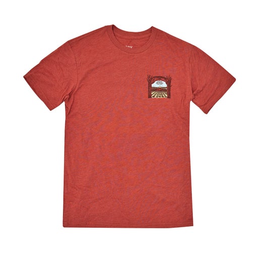 Front of tee displays a small artistic rendition of our Angry Orchard location on the left of chest.