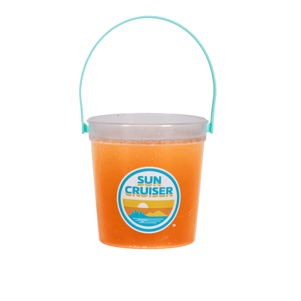 Bucket of orange juice with a 'Sun Cruiser' label on a white background