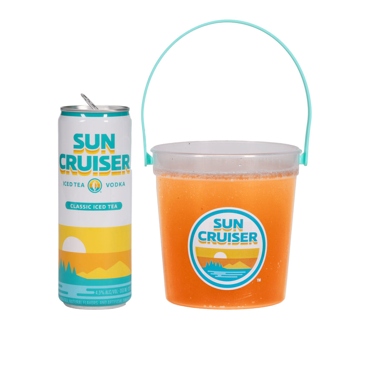 Sun Cruiser iced tea can and cup on a white background