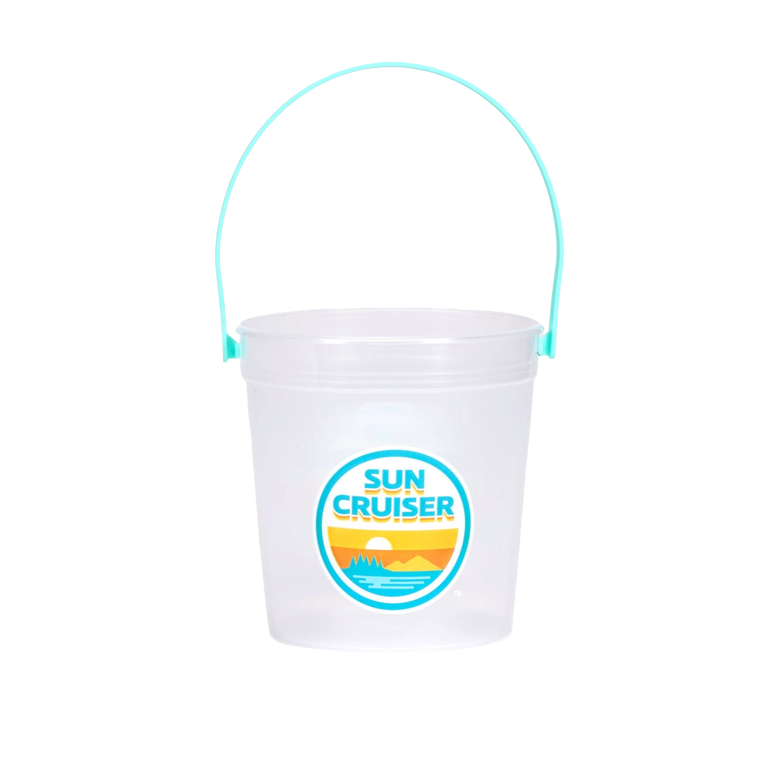 White bucket with a blue handle and 'Sun Cruiser' logo on a white background