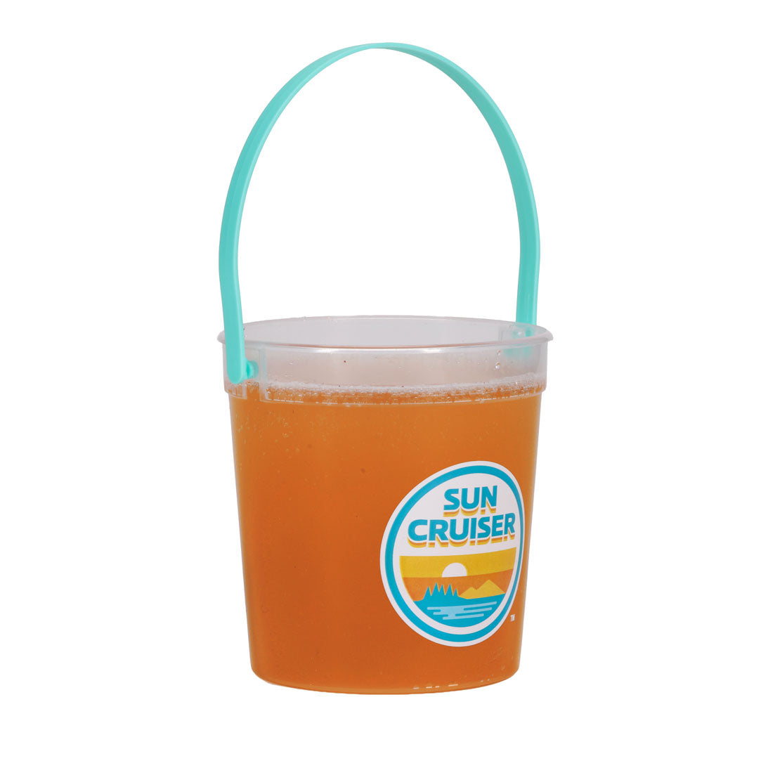 Orange cooler bucket with a blue handle and 'Sun Cruiser' logo on a white background
