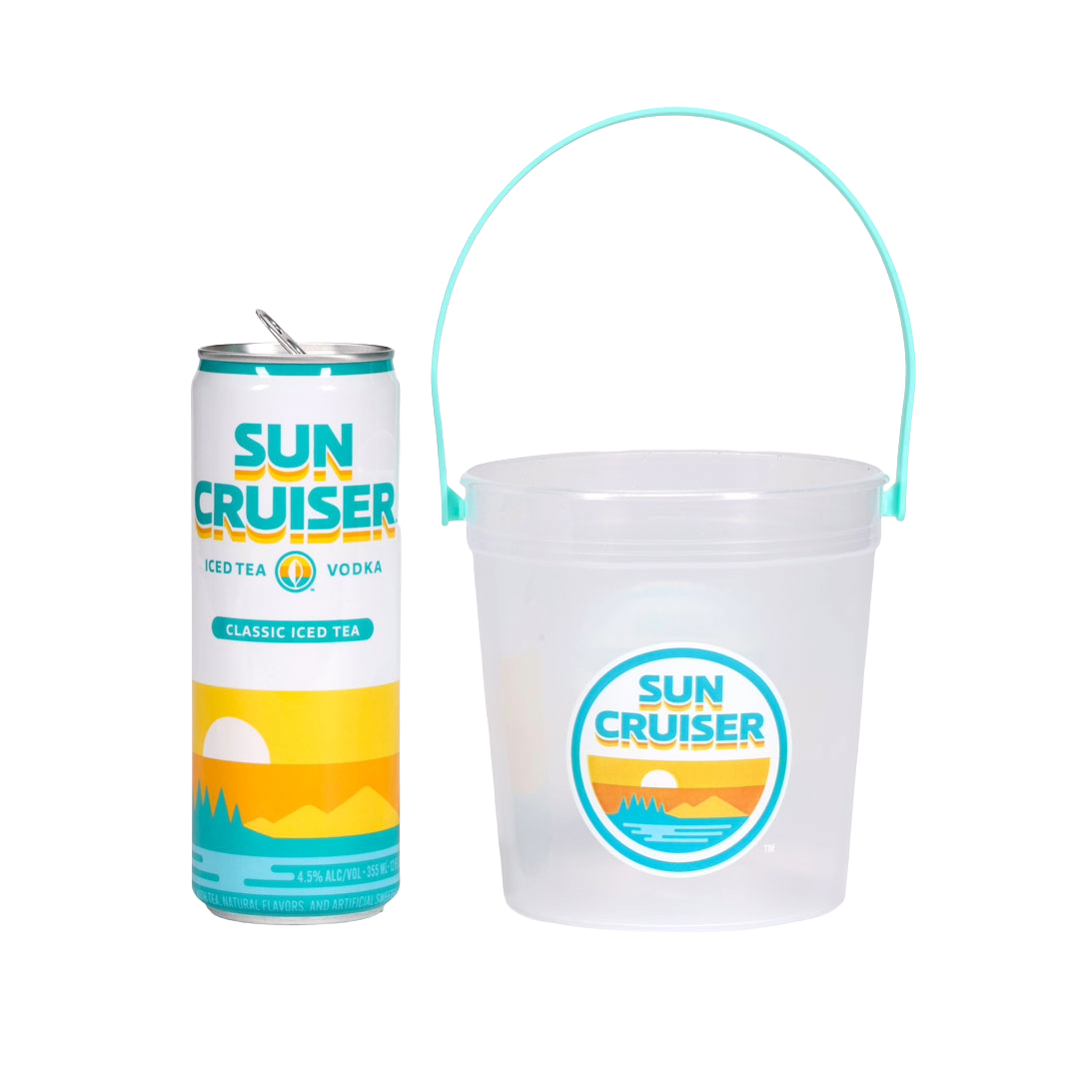 Sun Cruiser iced tea can and bucket with branding on a white background
