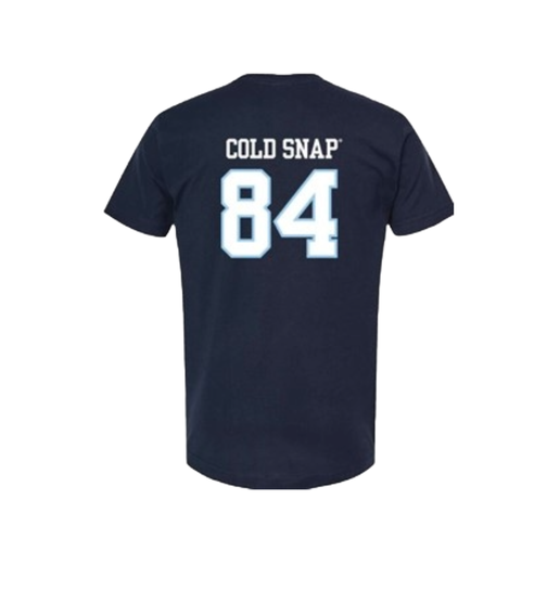 A navy blue tee shirt. Back is printed with the number 84 in white letters with light blue trim and "cold snap" printed above it in white in the style of a sports jersey.