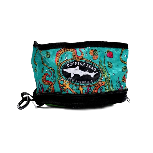 The Collapsible Dog Bowl by PrideBites features a teal zippered pouch with vibrant octopus tentacle designs, black zipper, clip for convenience, and a Dogfish Head Beer & Cocktails logo—great for holding your dog leash or collapsible bowl.