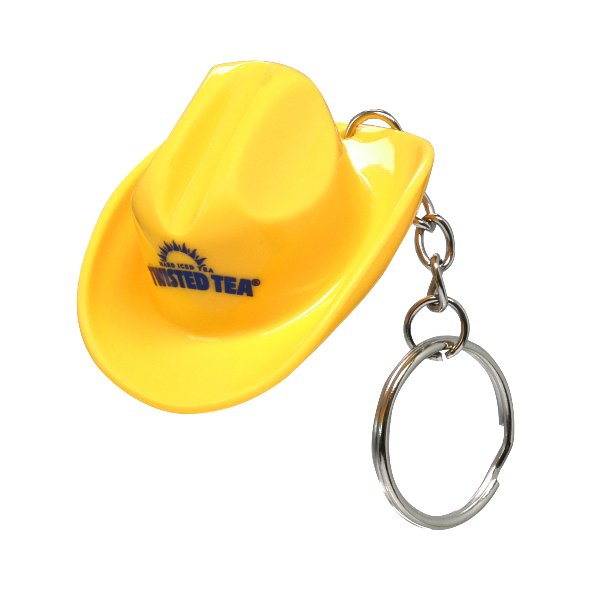 Yellow cowboy hat keychain with Twisted Tea logo on a white background