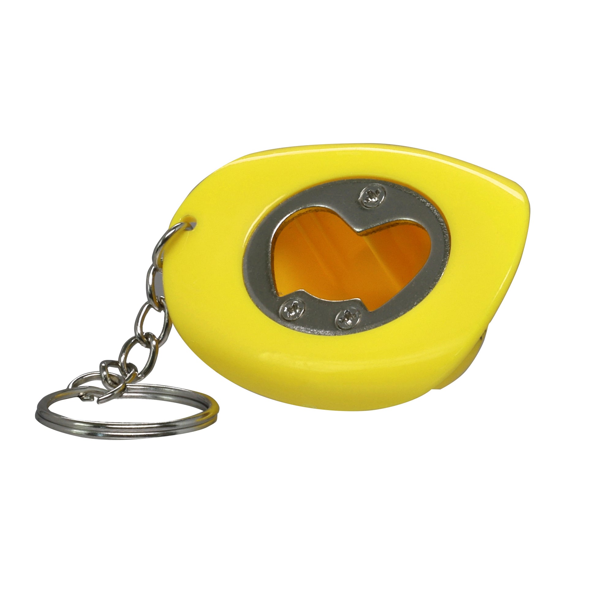 Yellow bottle opener keychain on a white background