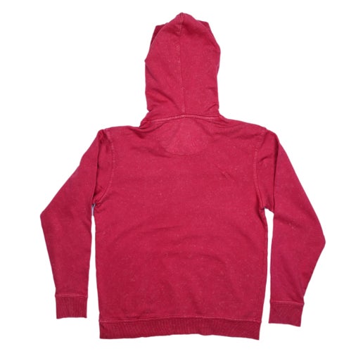 Front and back views of a crimson red hoodie with “It’s Beer Season” and the Samuel Adams logo printed on the chest, featuring a front pocket and drawstring hood.