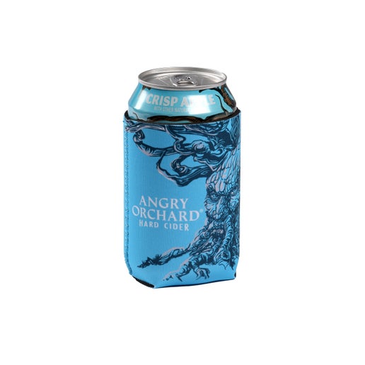 This a blue can cooler which has writing "Angry Orchard Hard Cider" in white. Next to it displayed, is the Angry Orchard tree trunk with a face on it. The other side also has writing "Angry Orchard Hard Cider" plus "Madly Refreshing" and has imagery of a tree branch.