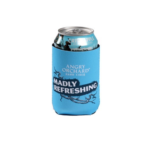This a blue can cooler which has writing "Angry Orchard Hard Cider" in white. Next to it displayed, is the Angry Orchard tree trunk with a face on it. The other side also has writing "Angry Orchard Hard Cider" plus "Madly Refreshing" and has imagery of a tree branch.