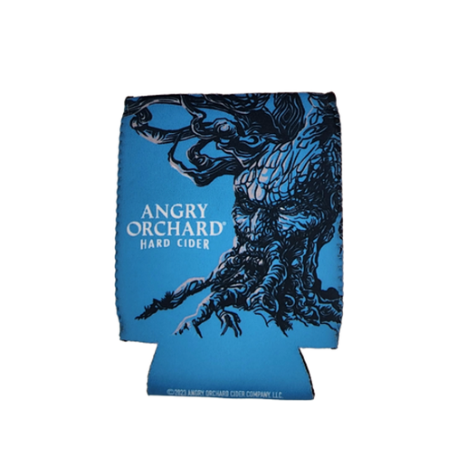 This a blue can cooler which has writing "Angry Orchard Hard Cider" in white. Next to it displayed, is the Angry Orchard tree trunk with a face on it. The other side also has writing "Angry Orchard Hard Cider" plus "Madly Refreshing" and has imagery of a tree branch.