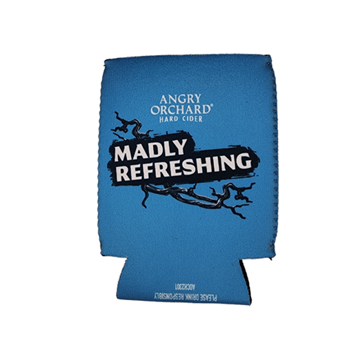 This a blue can cooler which has writing "Angry Orchard Hard Cider" in white. Next to it displayed, is the Angry Orchard tree trunk with a face on it. The other side also has writing "Angry Orchard Hard Cider" plus "Madly Refreshing" and has imagery of a tree branch.