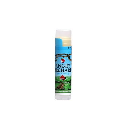 This image shows the front of the lip balm which features imagery of the Angry Orchard.