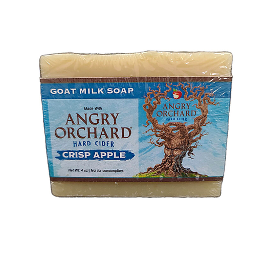 This image shows the bar of soap and the front label. There is imagery of the Angry Orchard tree trunk with a face on it and the logo.