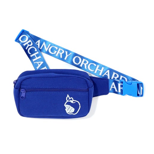 Front view of blue crisp belt bag. Angry Orchard bitten apple featured on bottom right of smaller pocket. Has writing "Angry Orchard" in white along strap.